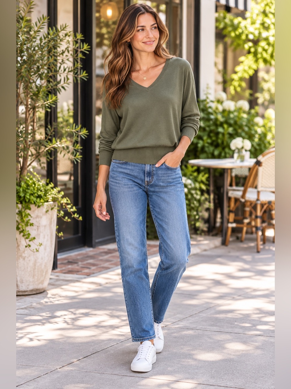 LOFT Outlet Olive Green 100% Cotton V-Neck Sweater Size M